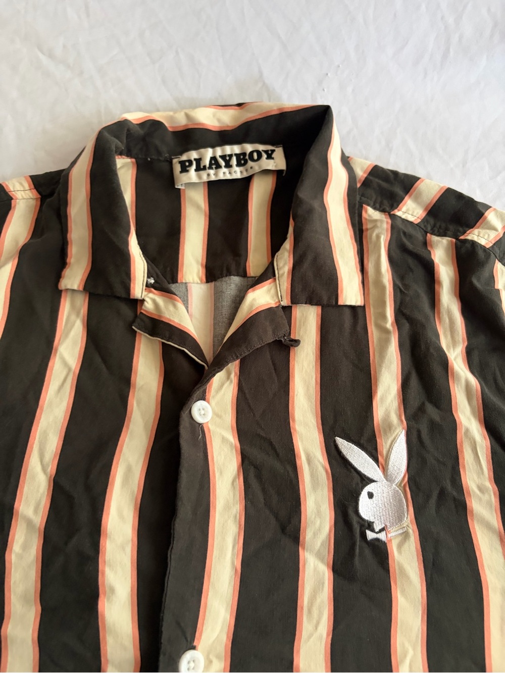 PLAYBOY BY PACSUN MEN'S STRIPED CAMP SHIRT Y2K EMBROIDERED BUNNY LOGO SIZE M